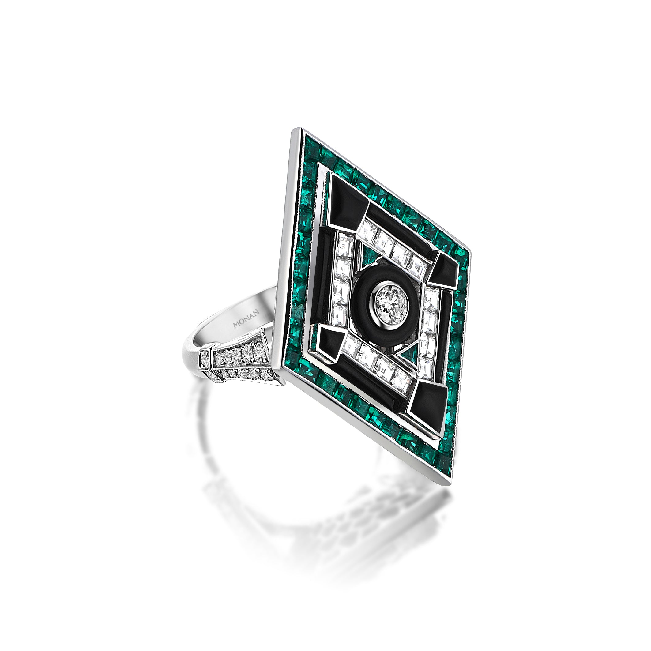 Art Deco Diamond Emerald and Black Onyx Ring
